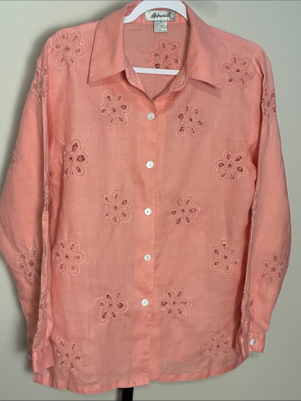 Appraisal Pink Embroidered Crochet Button-Up Shirt Vintage Ramie Medium